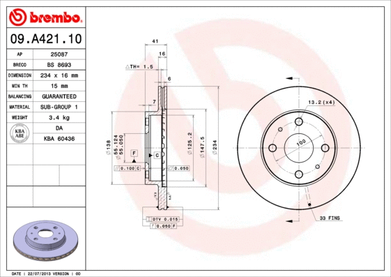 09.A421.10 BREMBO Тормозной диск (фото 1)