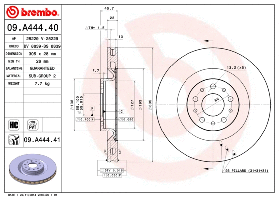 09.A444.40 BREMBO Тормозной диск (фото 1)