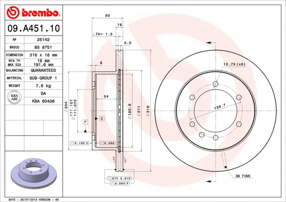 09.A451.10 BREMBO Тормозной диск (фото 1)