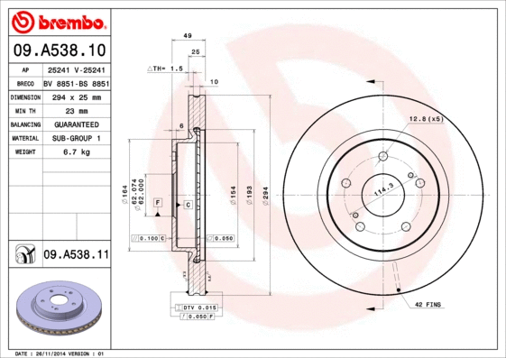 09.A538.11 BREMBO Тормозной диск (фото 1)