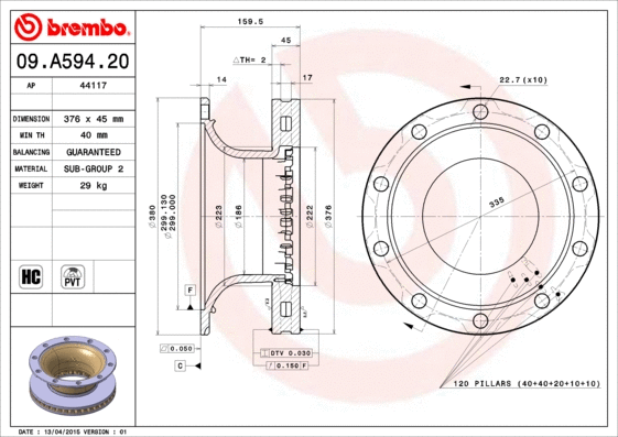 09.A594.20 BREMBO Тормозной диск (фото 1)