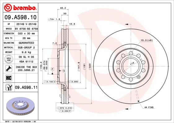 09.A598.10 BREMBO Тормозной диск (фото 1)