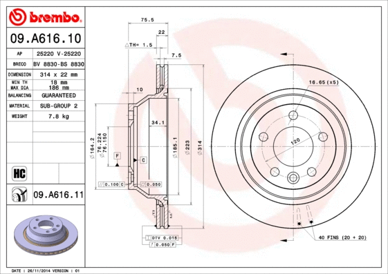 09.A616.11 BREMBO Тормозной диск (фото 1)