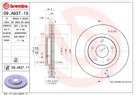 09.A637.11 BREMBO Тормозной диск (фото 1)