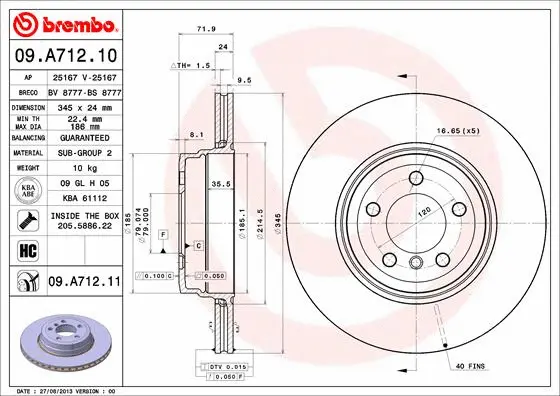 09.A712.11 BREMBO Тормозной диск (фото 1)