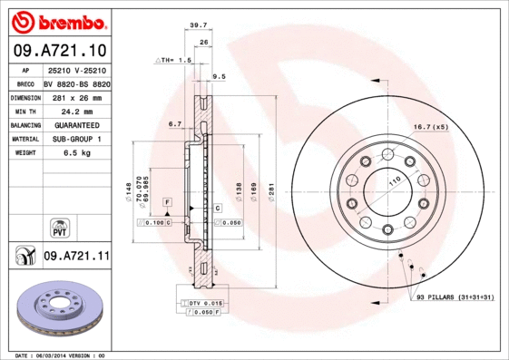 09.A721.11 BREMBO Тормозной диск (фото 1)