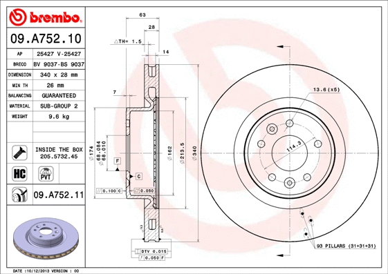 09.A752.11 BREMBO Тормозной диск (фото 1)