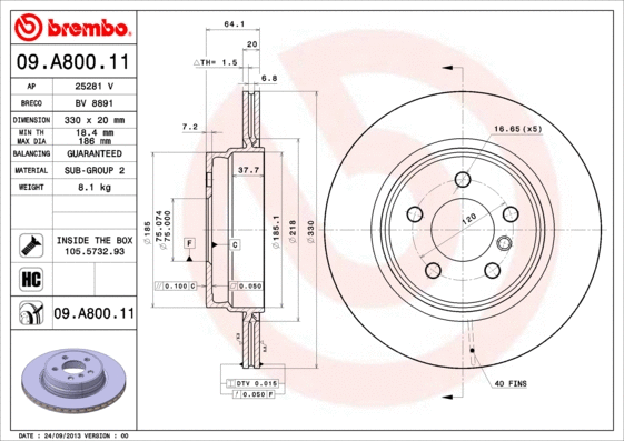 09.A800.11 BREMBO Тормозной диск (фото 1)