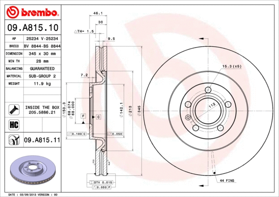 09.A815.11 BREMBO Тормозной диск (фото 1)