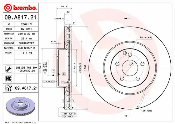 09.A817.21 BREMBO Тормозной диск (фото 1)