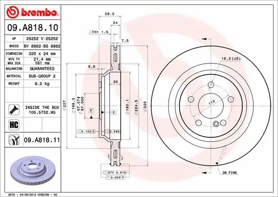 09.A818.11 BREMBO Тормозной диск (фото 1)