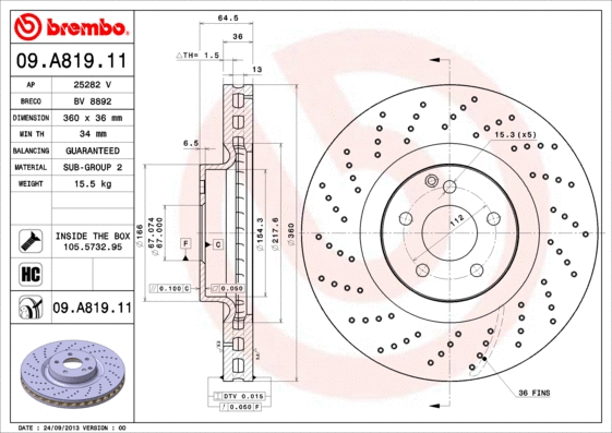09.A819.11 BREMBO Тормозной диск (фото 1)
