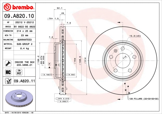 09.A820.11 BREMBO Тормозной диск (фото 1)