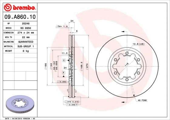 09.A860.10 BREMBO Тормозной диск (фото 1)