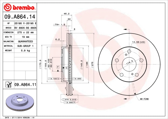 09.A864.11 BREMBO Тормозной диск (фото 1)