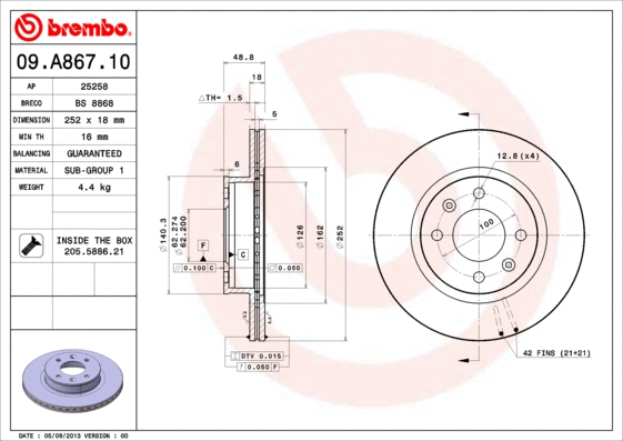 09.A867.10 BREMBO Тормозной диск (фото 1)