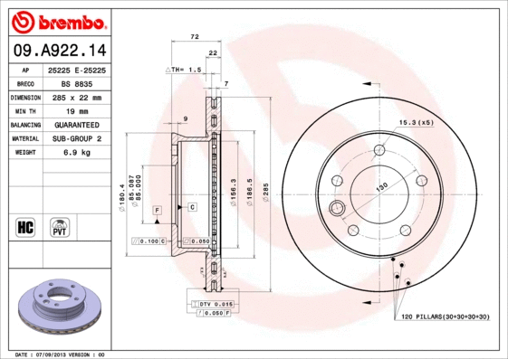 09.A922.14 BREMBO Тормозной диск (фото 1)