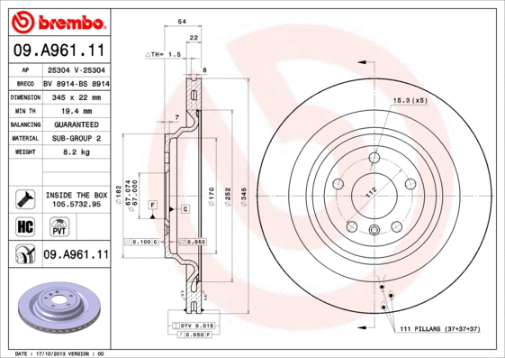 09.A961.11 BREMBO Тормозной диск (фото 1)