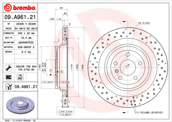 09.A961.21 BREMBO Тормозной диск (фото 1)
