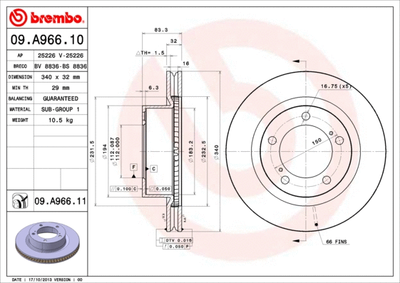 09.A966.11 BREMBO Тормозной диск (фото 1)