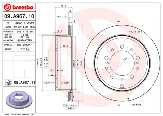 09.A967.11 BREMBO Тормозной диск (фото 1)