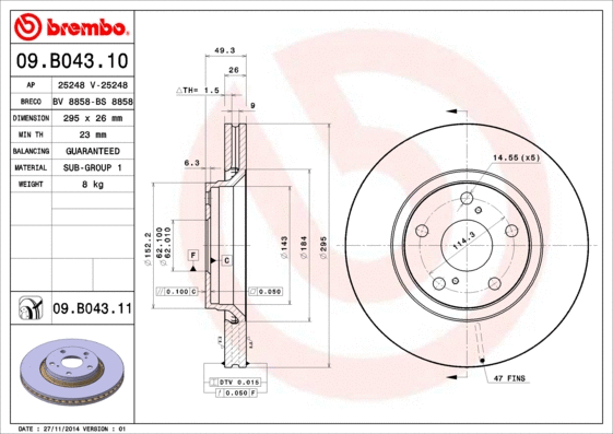 09.B043.11 BREMBO Тормозной диск (фото 1)