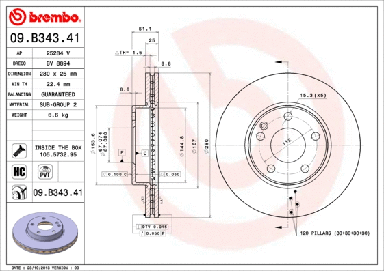 09.B343.41 BREMBO Тормозной диск (фото 1)