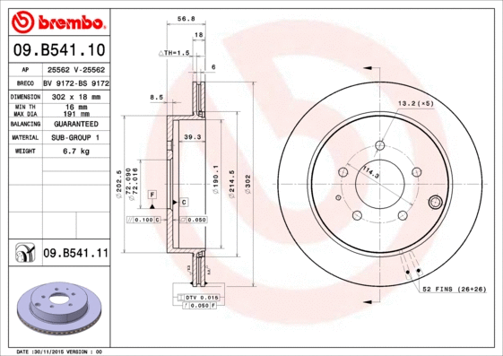 09.B541.11 BREMBO Тормозной диск (фото 1)