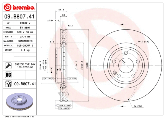 09.B807.41 BREMBO Тормозной диск (фото 1)