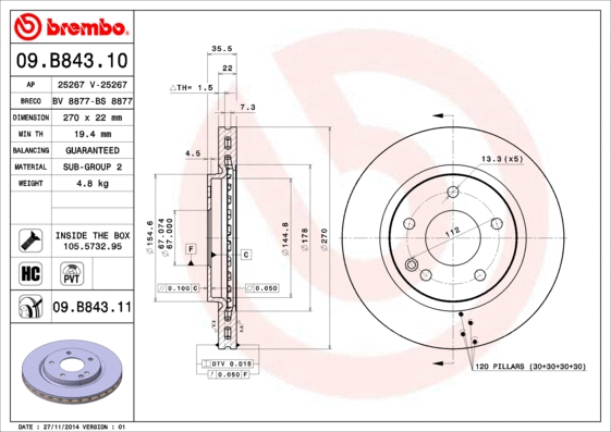 09.B843.10 BREMBO Тормозной диск (фото 1)