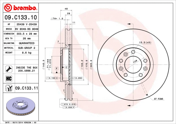 09.C133.11 BREMBO Тормозной диск (фото 1)