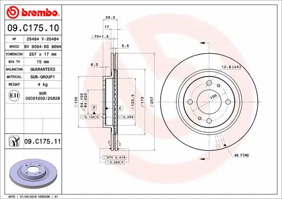 09.C175.11 BREMBO Тормозной диск (фото 1)