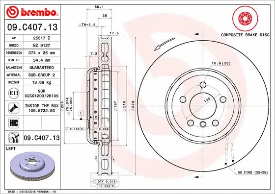 09.C407.13 BREMBO Тормозной диск (фото 1)