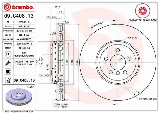 09.C408.13 BREMBO Тормозной диск (фото 1)