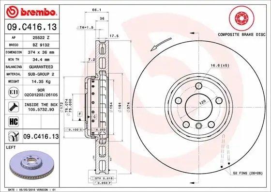 09.C416.13 BREMBO Тормозной диск (фото 1)