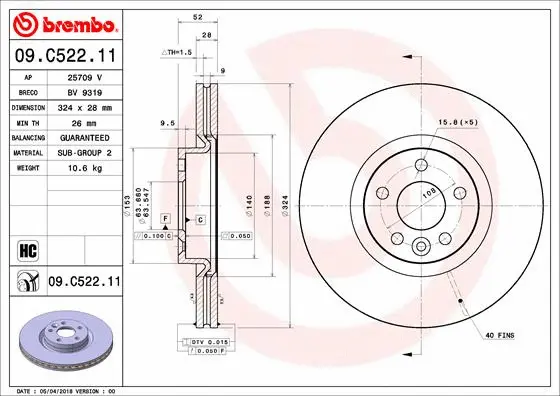 09.C522.11 BREMBO Тормозной диск (фото 1)