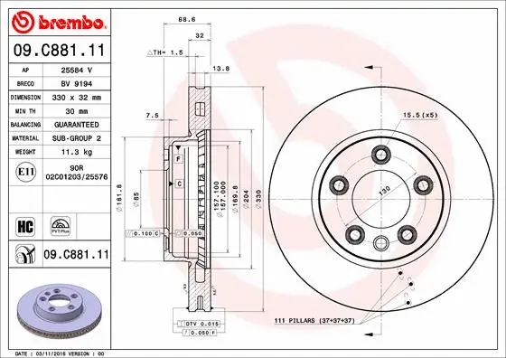 09.C881.11 BREMBO Тормозной диск (фото 1)