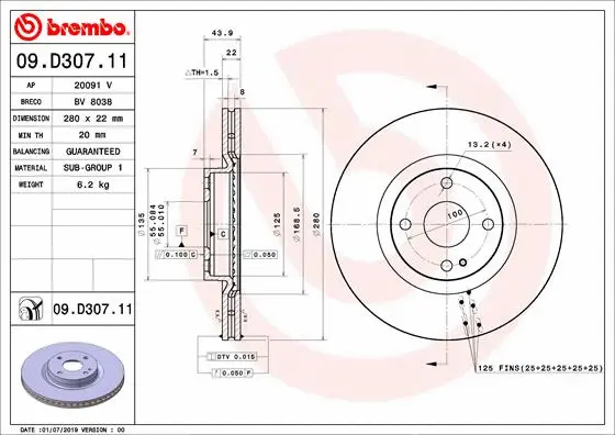 09.D307.11 BREMBO Тормозной диск (фото 1)