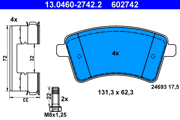 13.0460-2742.2 ATE Комплект тормозных колодок, дисковый тормоз (фото 1)