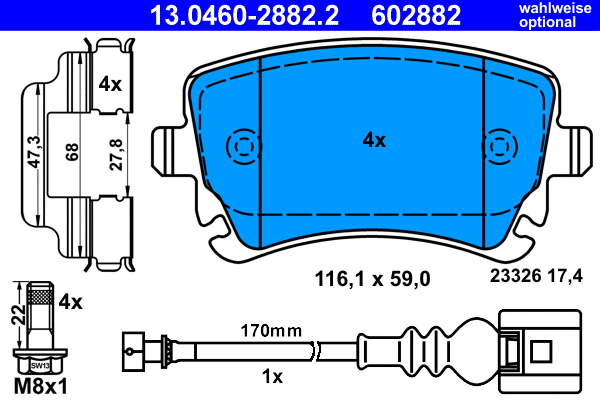 13.0460-2882.2 ATE Комплект тормозных колодок, дисковый тормоз (фото 2)