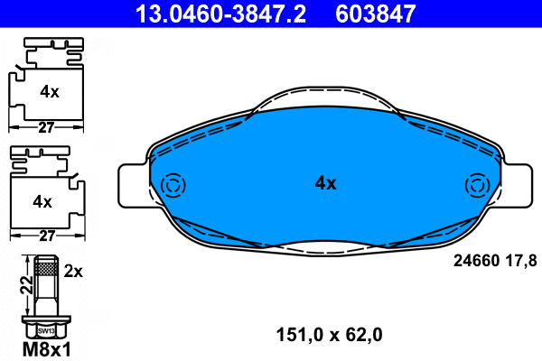 13.0460-3847.2 ATE Комплект тормозных колодок, дисковый тормоз (фото 1)