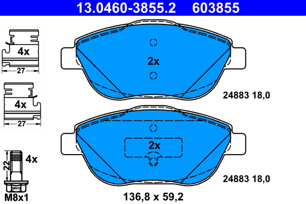 13.0460-3855.2 ATE Комплект тормозных колодок, дисковый тормоз (фото 1)