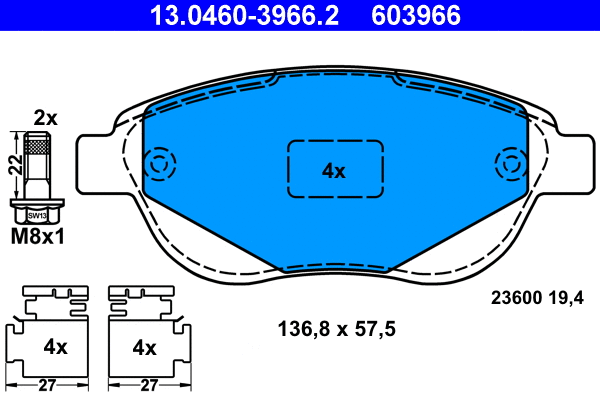 13.0460-3966.2 ATE Комплект тормозных колодок, дисковый тормоз (фото 1)