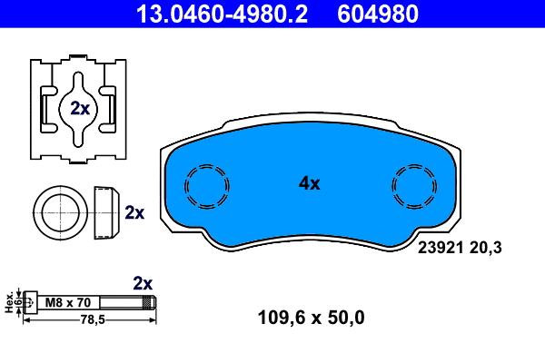 13.0460-4980.2 ATE Комплект тормозных колодок, дисковый тормоз (фото 1)