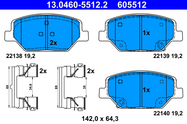 13.0460-5512.2 ATE Комплект тормозных колодок, дисковый тормоз (фото 1)