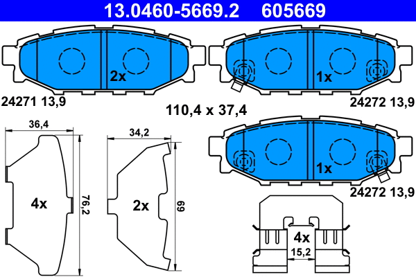 13.0460-5669.2 ATE Комплект тормозных колодок, дисковый тормоз (фото 1)