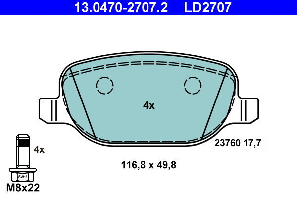 13.0470-2707.2 ATE Комплект тормозных колодок, дисковый тормоз (фото 1)