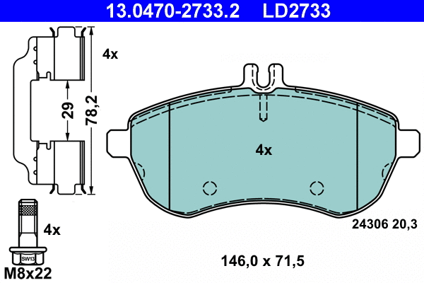 13.0470-2733.2 ATE Комплект тормозных колодок, дисковый тормоз (фото 1)