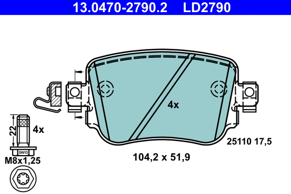 13.0470-2790.2 ATE Комплект тормозных колодок, дисковый тормоз (фото 1)