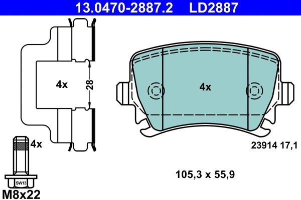 13.0470-2887.2 ATE Комплект тормозных колодок, дисковый тормоз (фото 1)